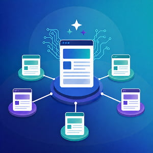 Illustration of a central web page connected to smaller content pages, representing AI keyword clustering and pillar-cluster SEO architecture.