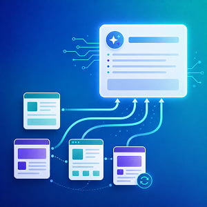 Illustration of multiple content pages feeding into an AI-generated answer panel, representing query fan-out and AI search visibility.