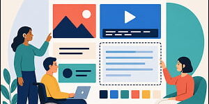 Illustration of three people collaborating around an accessible digital marketing interface, including a wheelchair user with a laptop, a person pointing at visual content, and another reviewing a highlighted content section.