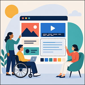 Illustration of three people collaborating around an accessible digital marketing interface, including a wheelchair user with a laptop, a person pointing at visual content, and another reviewing a highlighted content section.