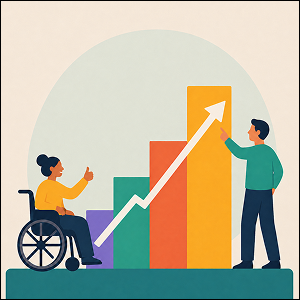 Illustration of two people beside an ascending bar chart with an upward arrow, representing inclusive marketing performance and business growth.