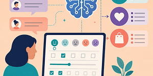 Illustration of an AI-powered survey dashboard turning customer feedback comments into categorized marketing research insights.