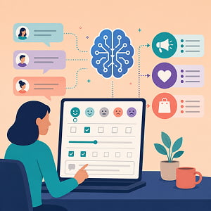Illustration of an AI-powered survey dashboard turning customer feedback comments into categorized marketing research insights.