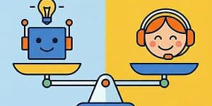 Illustration of a balance between AI chatbots and human custom support agents.