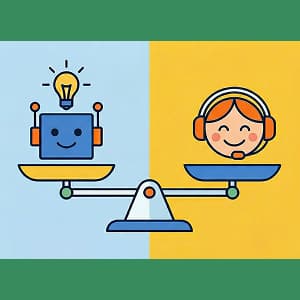 Illustration of a balance between AI chatbots and human custom support agents.