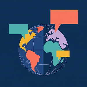 Illustration of a stylized geometric globe on a navy background, with three colorful speech bubbles rising from different regions, representing multilingual global communication.