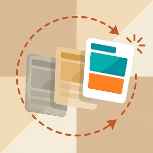 Illustration showing three ad cards in a circular rotation cycle, progressing from a faded gray card to a vibrant teal and orange card, representing AI-powered detection of ad fatigue and automated creative refresh.