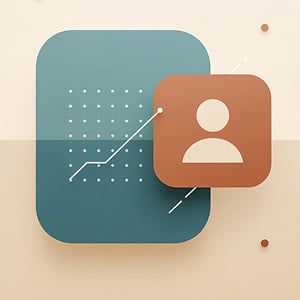 Illustration of a teal data-grid rectangle representing AI overlapping with a warm orange shape containing an abstract human silhouette, connected by dashed guiding lines to represent human strategic oversight of automated ad optimization.