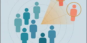 Illustration of a group of teal geometric figures with two coral figures drifting away, highlighted by golden detection rings, representing AI identifying at-risk customers before they churn.