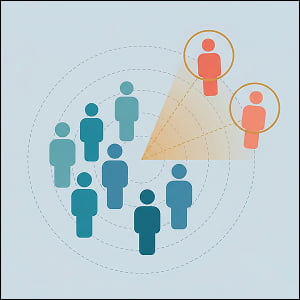 Illustration of a group of teal geometric figures with two coral figures drifting away, highlighted by golden detection rings, representing AI identifying at-risk customers before they churn.