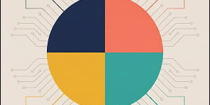 Illustration of a pie chart divided into four colored segments, each connected by circuit-line patterns to icons representing different marketing channels including search, advertising, email, and social media, symbolizing AI-powered budget allocation.