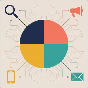 Illustration of a pie chart divided into four colored segments, each connected by circuit-line patterns to icons representing different marketing channels including search, advertising, email, and social media, symbolizing AI-powered budget allocation.
