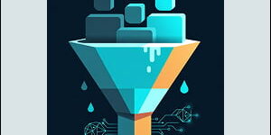 Illustration showing a geometric conversion funnel leaking blue droplets, with simplified user blocks flowing in from the top and glowing AI circuitry at the bottom, representing funnel optimization and AI analysis.