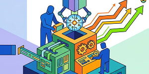 Illustration showing two abstract figures operating a central machine that is integrating a glowing, AI-style brain. Colorful upward-trending arrows and marketing icons—like a megaphone and bar chart—emerge from the machine, symbolizing automated marketing growth.