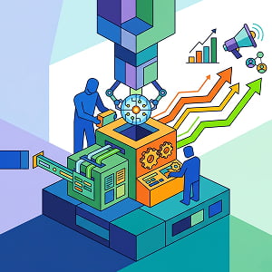 Illustration showing two abstract figures operating a central machine that is integrating a glowing, AI-style brain. Colorful upward-trending arrows and marketing icons—like a megaphone and bar chart—emerge from the machine, symbolizing automated marketing growth.