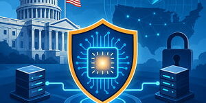 Illustration of a shielded AI chip connected to server nodes, with a federal building, lock, radar display, and U.S. map symbolizing government testing of frontier AI for national security.