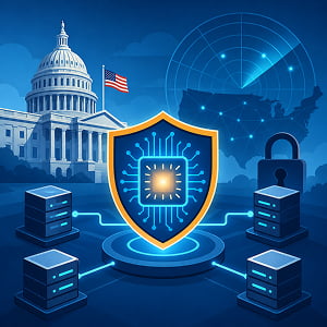 Illustration of a shielded AI chip connected to server nodes, with a federal building, lock, radar display, and U.S. map symbolizing government testing of frontier AI for national security.