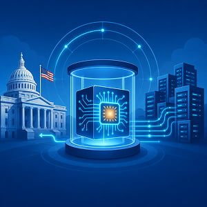 Illustration of a glowing AI chip inside a testing chamber, with data lines connecting generic server buildings to a federal government building, symbolizing voluntary AI industry collaboration with government evaluation.