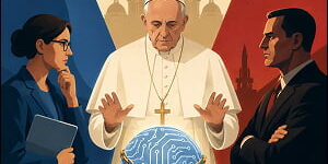 Illustration showing a pope-like figure standing between a thoughtful AI researcher and a stern government official, holding his hands over a chained circuit-patterned AI sphere as drones and Vatican architecture symbolize disagreements over AI governance.