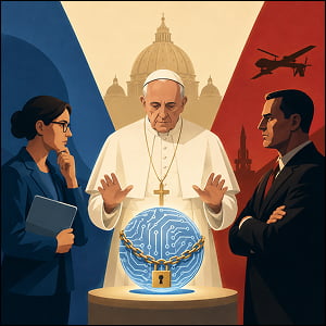 Illustration showing a pope-like figure standing between a thoughtful AI researcher and a stern government official, holding his hands over a chained circuit-patterned AI sphere as drones and Vatican architecture symbolize disagreements over AI governance.