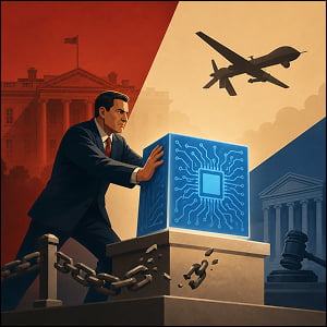 Illustration of a stern government official pushing a glowing circuit-patterned AI cube past broken safety chains, with a military drone overhead and courthouse imagery in the background symbolizing the legal fight over AI policy.