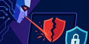 Illustration of a geometric AI head aiming a red beam at a laptop screen with a cracked security shield, while a separate blue shield with a lock represents cyber defense.