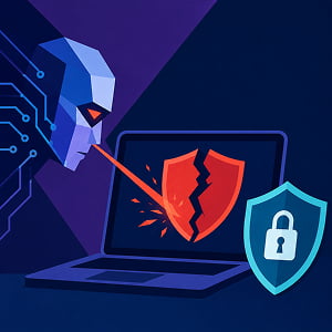 Illustration of a geometric AI head aiming a red beam at a laptop screen with a cracked security shield, while a separate blue shield with a lock represents cyber defense.
