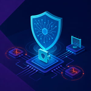Illustration of a glowing AI security shield above a microchip platform, detecting red-orange software vulnerabilities and containing them with protective cyber defenses.
