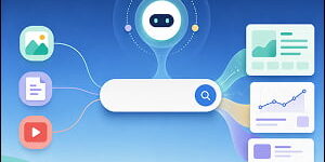 Illustration of an AI-powered search bar transforming image, file, and video inputs into generated dashboard cards, charts, and mini app interfaces.