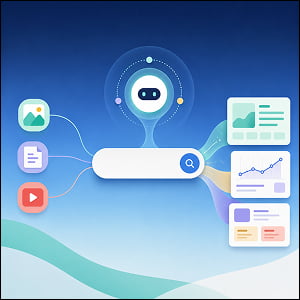 Illustration of an AI-powered search bar transforming image, file, and video inputs into generated dashboard cards, charts, and mini app interfaces.