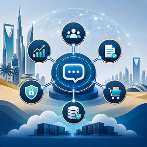 Illustration of a central AI hub connecting enterprise agent modules for security, data, analytics, documents, HR, and procurement, set against a global cloud infrastructure and Saudi-inspired skyline.