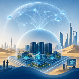 Illustration of a secure Saudi AI data center campus under a protective dome, connected to global cloud nodes above a desert skyline.