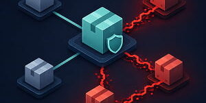 Illustration of a trusted software package node connected to other package nodes, with red jagged paths spreading from the center to compromised packages to symbolize a self-propagating software supply chain attack.