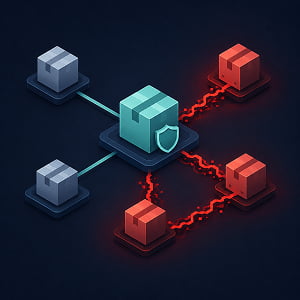 Illustration of a trusted software package node connected to other package nodes, with red jagged paths spreading from the center to compromised packages to symbolize a self-propagating software supply chain attack.