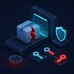 Illustration of a cracked software package moving through a security scanner, with exposed red malicious code, a shield, broken gear, and rotating keys representing compromised build provenance and secret rotation.
