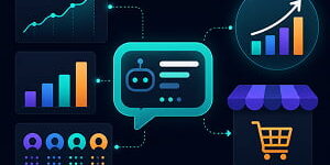 Illustration of a conversational AI chat bubble connecting marketing analytics charts, audience segments, and e-commerce sales icons on a dark background.