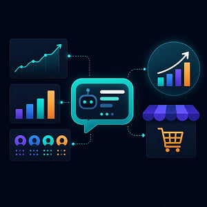 Illustration of a conversational AI chat bubble connecting marketing analytics charts, audience segments, and e-commerce sales icons on a dark background.