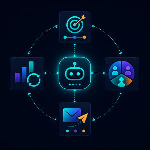 Illustration of a central AI hub coordinating connected marketing workflows, including strategy, audience segmentation, campaign creation, and performance learning.