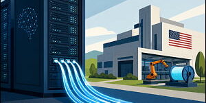 Illustration of AI server racks connected by glowing fiber-optic cables to a U.S. manufacturing facility, with copper cables set aside in the foreground.