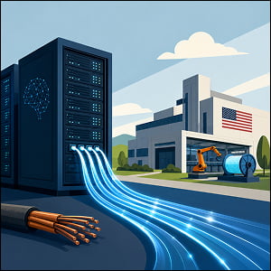 Illustration of AI server racks connected by glowing fiber-optic cables to a U.S. manufacturing facility, with copper cables set aside in the foreground.