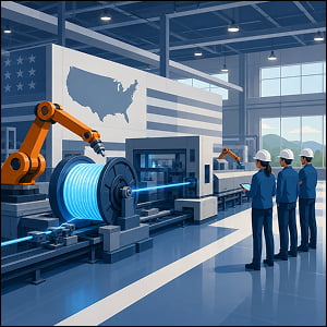 Illustration of a high-tech U.S. factory floor where workers oversee robotic machinery producing glowing fiber-optic cable.