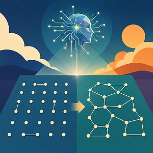 Illustration showing a regular grid of points transforming into a more complex connected point arrangement, symbolizing a breakthrough in the planar unit distance problem.