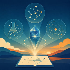 Illustration showing a glowing crystal rising from an open research tablet, with surrounding symbols for mathematics, lab science, and orbital discovery.
