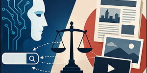 Illustration of an AI search tool pulling news articles, photos, and video toward a scale of justice, symbolizing an AI copyright dispute.