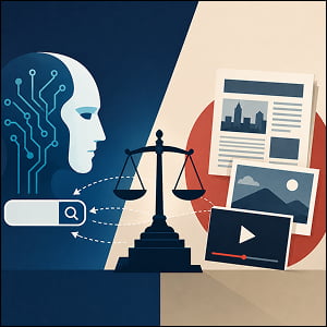 Illustration of an AI search tool pulling news articles, photos, and video toward a scale of justice, symbolizing an AI copyright dispute.