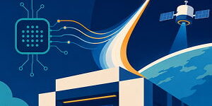 Illustration of an AI data center connected by glowing data streams to a rocket, satellite, and Earth in space, representing AI compute infrastructure expanding toward orbital data centers.