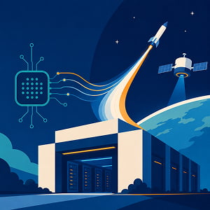 Illustration of an AI data center connected by glowing data streams to a rocket, satellite, and Earth in space, representing AI compute infrastructure expanding toward orbital data centers.