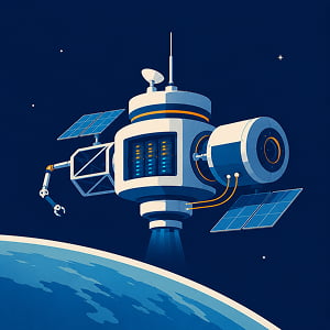 Illustration of a futuristic orbital AI data center with solar panels and visible server racks floating above Earth, suggesting space-based compute and its engineering challenges.