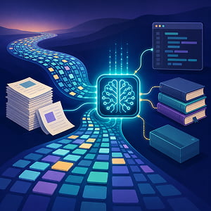 Illustration of a glowing AI chip routing long streams of data between document stacks, books, and a code panel.