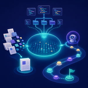 Illustration of code folders, document pages, and an autonomous agent flowing into a large AI context hub.